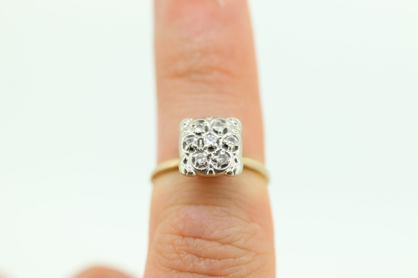 Diamond Daisy Cluster Elevated on Ring. 10k Art Deco Diamond Pave square cathedral. st(92)