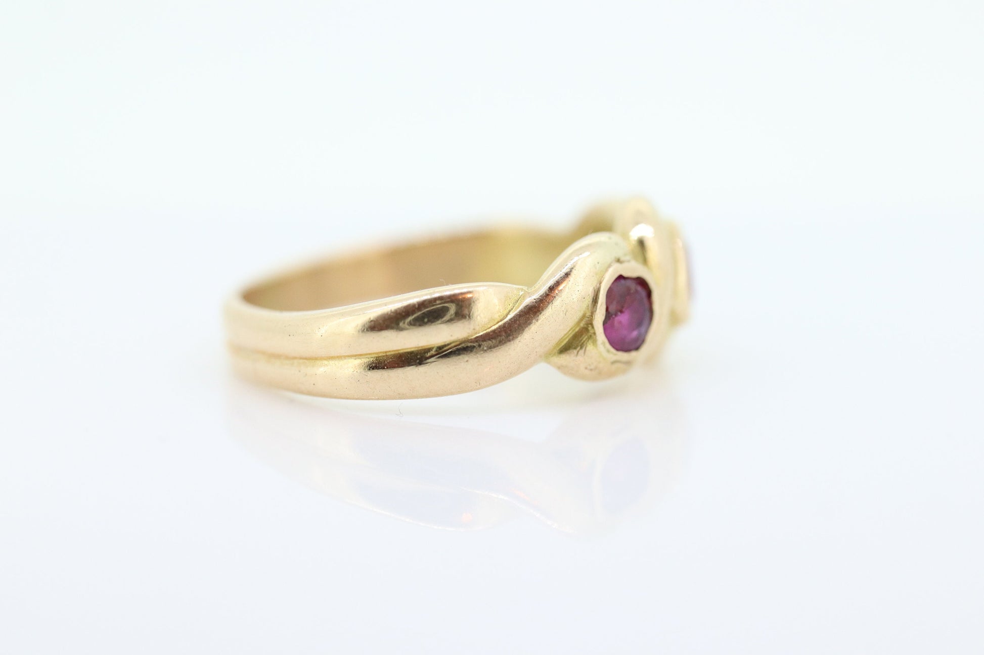 Antique 14k Ruby Ring. Bezel set Triple Ruby ring. 14k yellow gold and Trio Trinity Trilogy Ruby bezel set. Wide ruby band. st(109)
