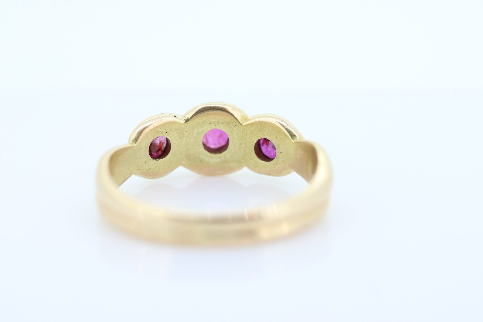 Antique 14k Ruby Ring. Bezel set Triple Ruby ring. 14k yellow gold and Trio Trinity Trilogy Ruby bezel set. Wide ruby band. st(109)