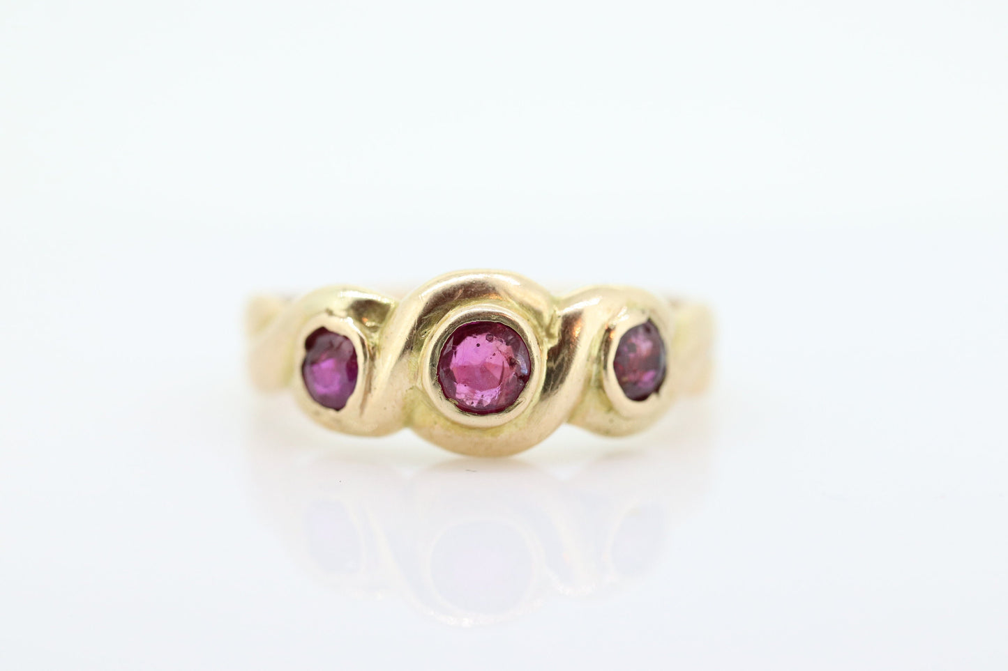 Antique 14k Ruby Ring. Bezel set Triple Ruby ring. 14k yellow gold and Trio Trinity Trilogy Ruby bezel set. Wide ruby band. st(109)