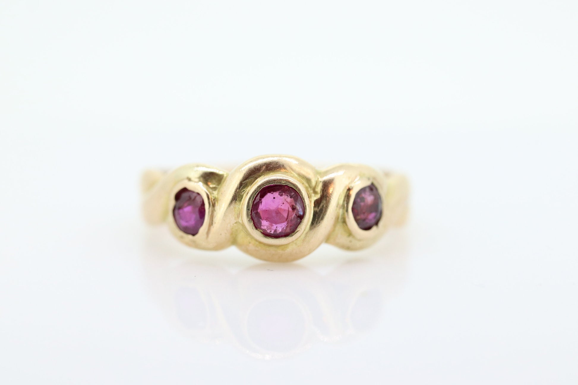 Antique 14k Ruby Ring. Bezel set Triple Ruby ring. 14k yellow gold and Trio Trinity Trilogy Ruby bezel set. Wide ruby band. st(109)