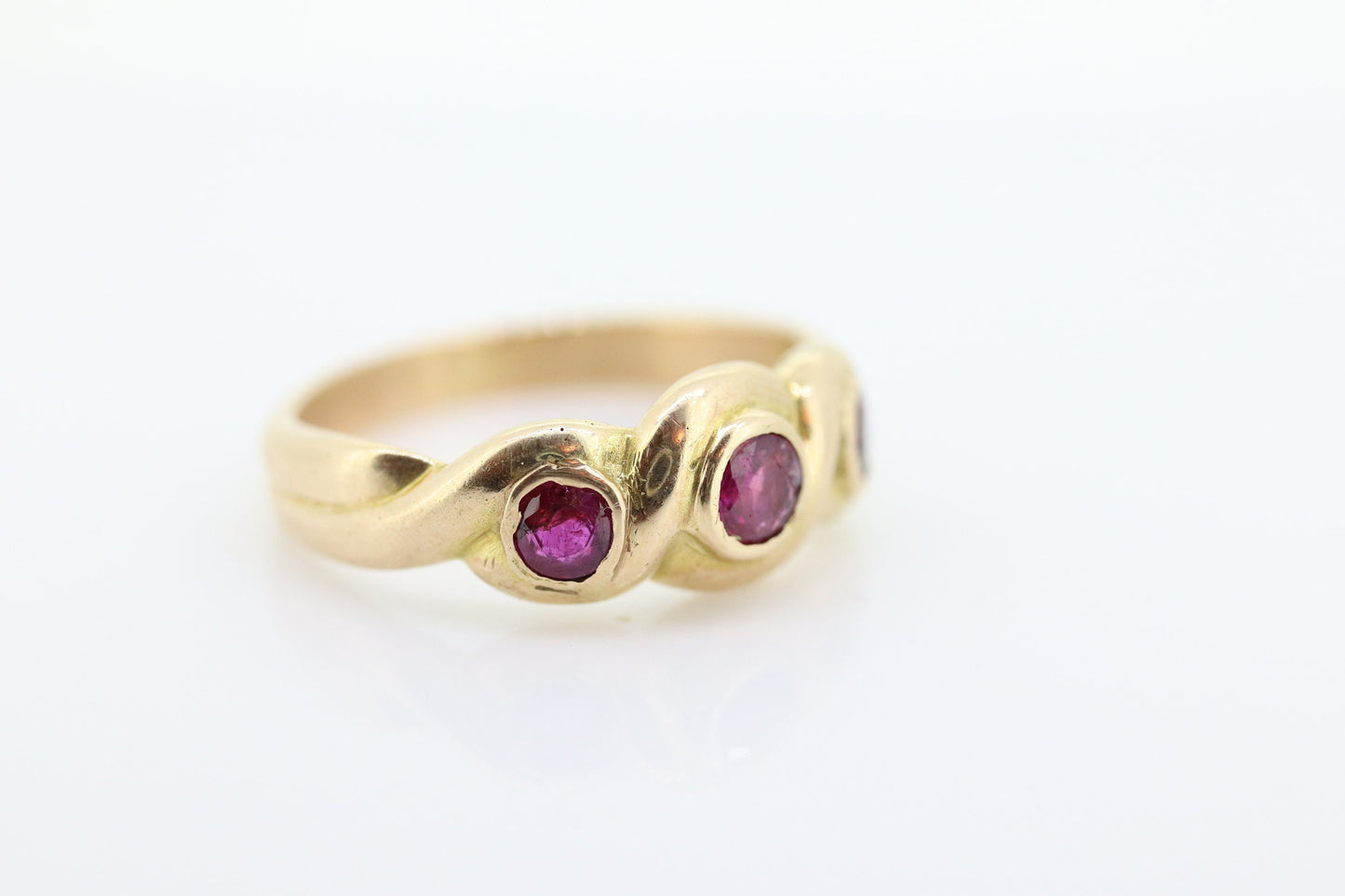 Antique 14k Ruby Ring. Bezel set Triple Ruby ring. 14k yellow gold and Trio Trinity Trilogy Ruby bezel set. Wide ruby band. st(109)