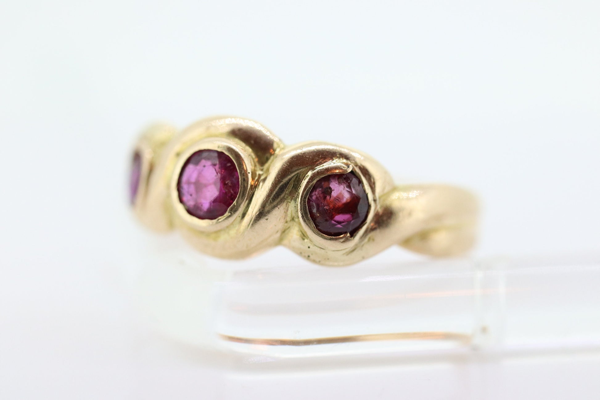 Antique 14k Ruby Ring. Bezel set Triple Ruby ring. 14k yellow gold and Trio Trinity Trilogy Ruby bezel set. Wide ruby band. st(109)