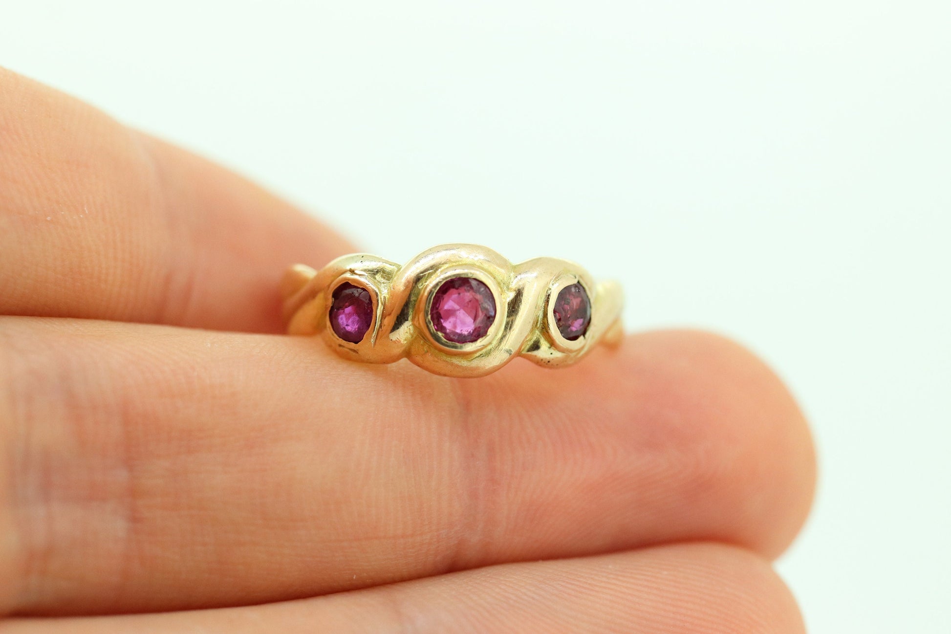 Antique 14k Ruby Ring. Bezel set Triple Ruby ring. 14k yellow gold and Trio Trinity Trilogy Ruby bezel set. Wide ruby band. st(109)