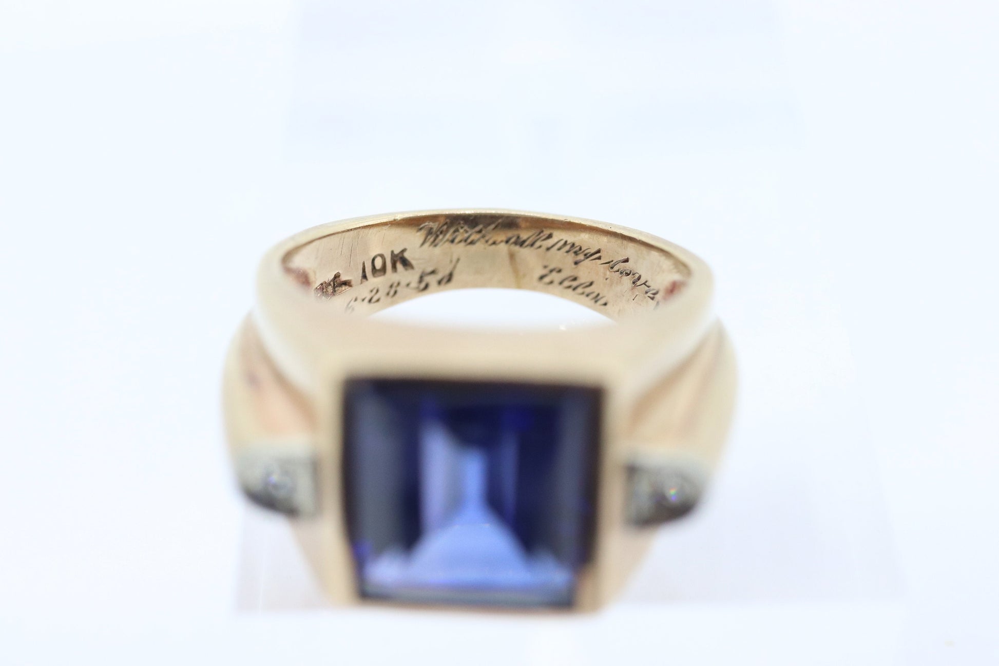 10k Sapphire ring. 10k Yellow Gold 1950s Mens Sapphire Diamond Heavy signet ring. Mens Heavy Signet ring st(178)