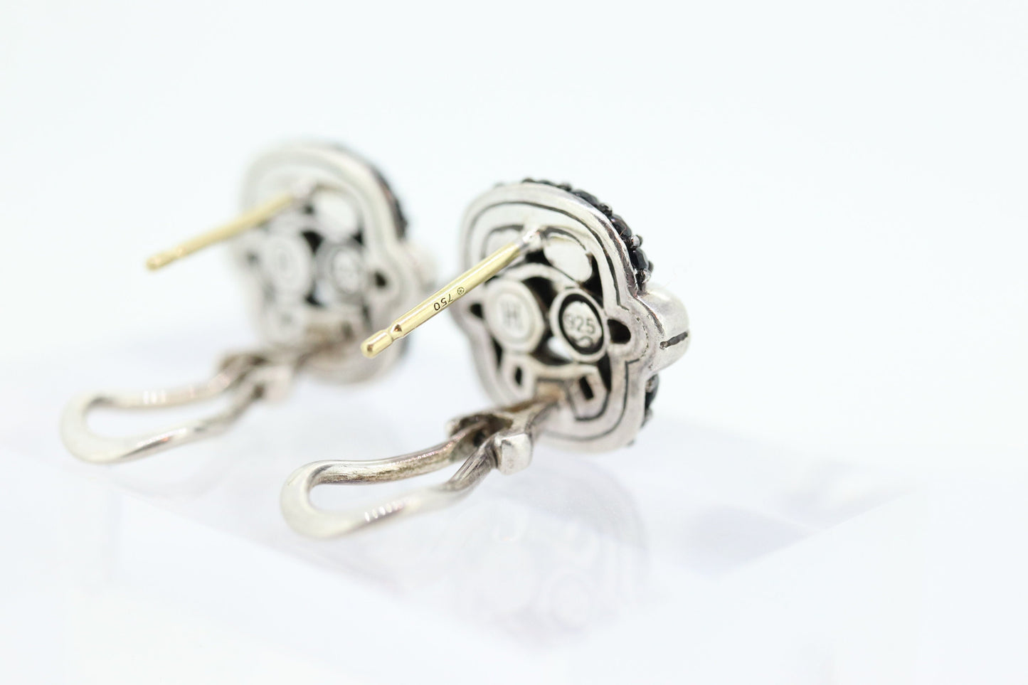 John Hardy Sterling and 18k Gold Diamond Earrings. John Hardy Black diamond Pave earrings. st(69)