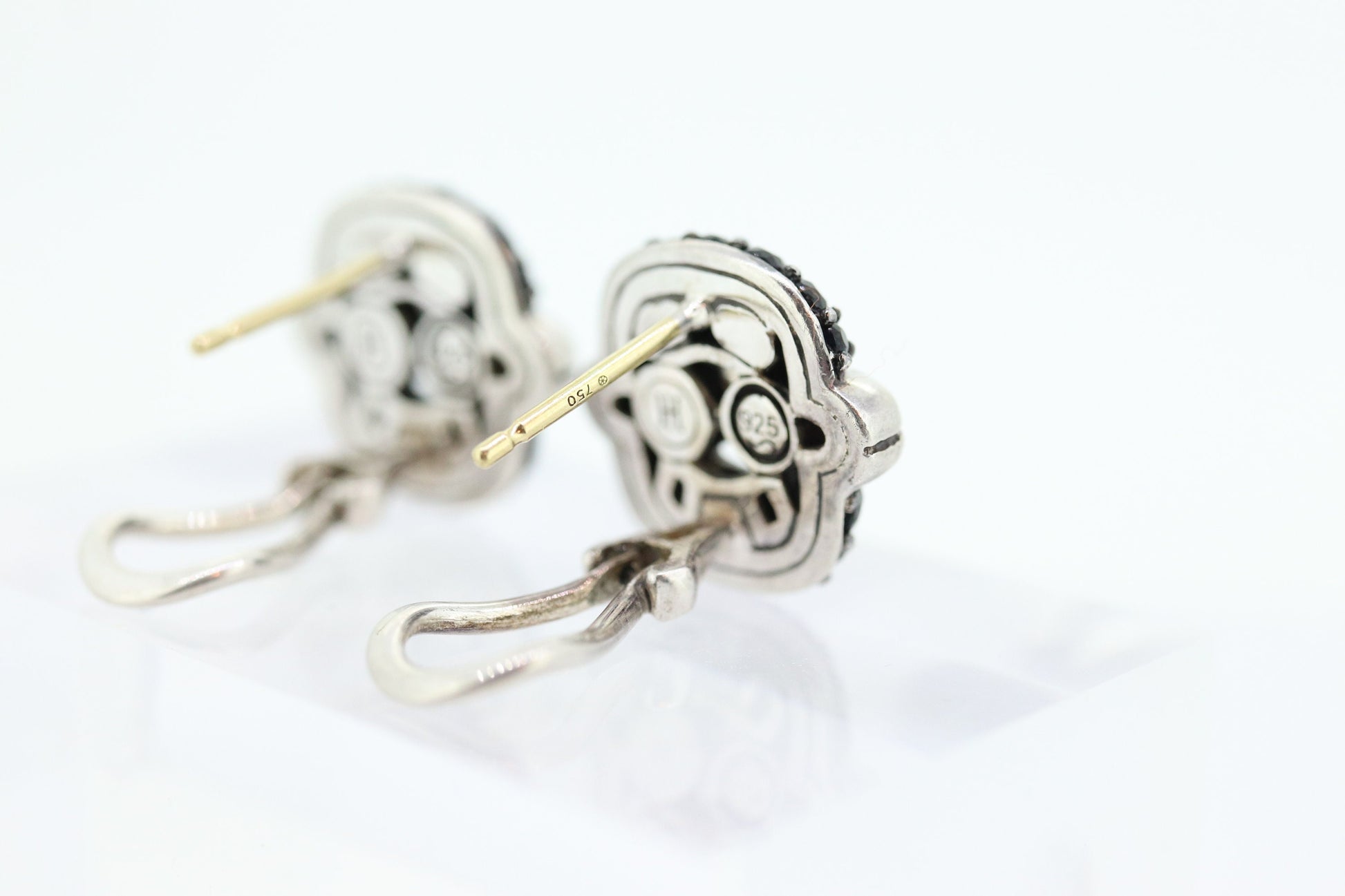 John Hardy Sterling and 18k Gold Diamond Earrings. John Hardy Black diamond Pave earrings. st(69)