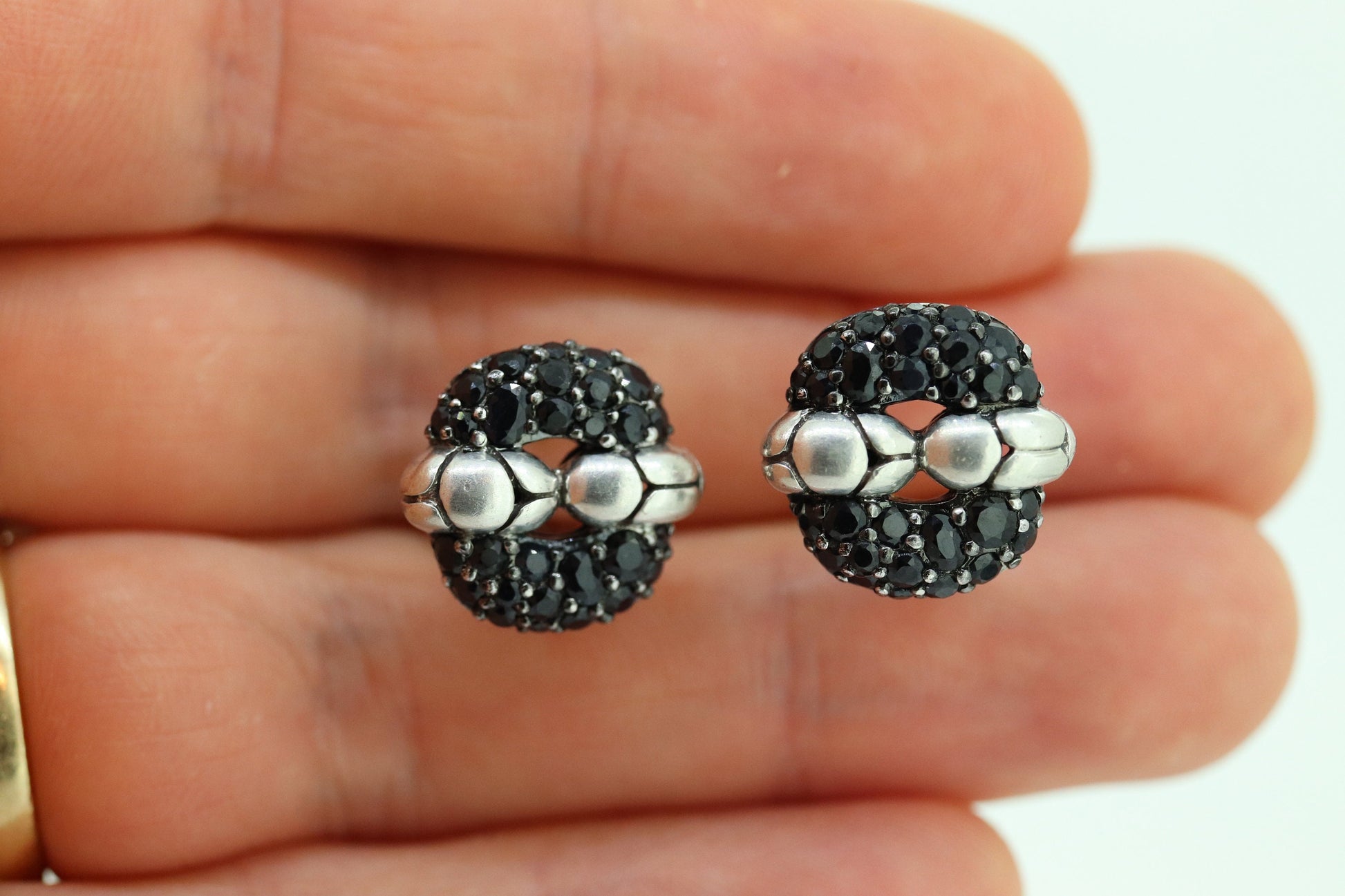 John Hardy Sterling and 18k Gold Diamond Earrings. John Hardy Black diamond Pave earrings. st(69)