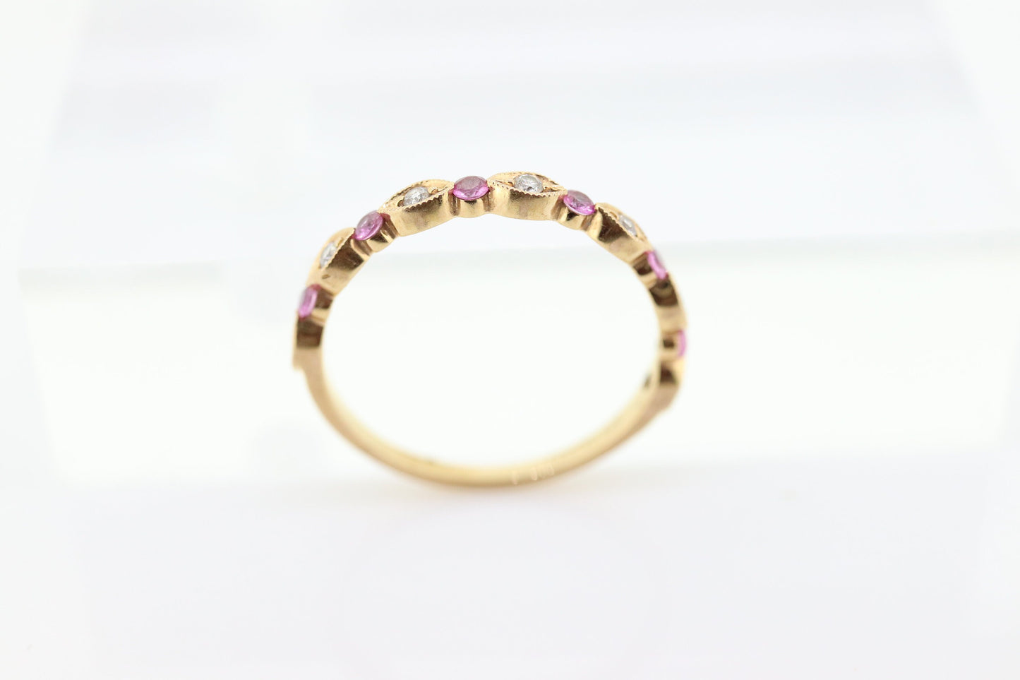 DAUSSI 18k Anniversary Ruby Diamond Ring. Henri Daussi 18k gold ring with round Ruby and diamond accents eternity band. st(253)