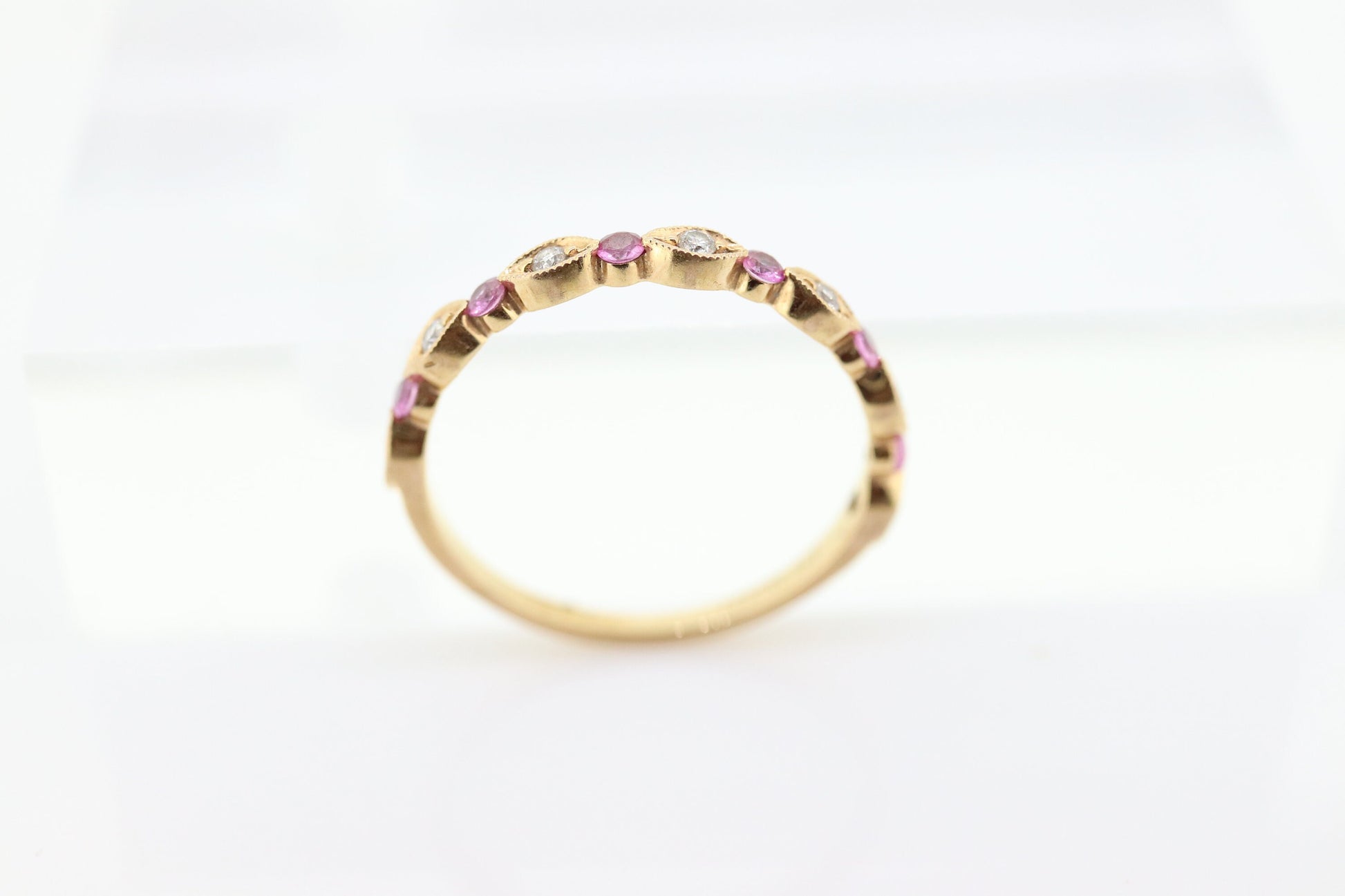 DAUSSI 18k Anniversary Ruby Diamond Ring. Henri Daussi 18k gold ring with round Ruby and diamond accents eternity band. st(253)