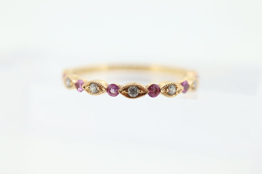 DAUSSI 18k Anniversary Ruby Diamond Ring. Henri Daussi 18k gold ring with round Ruby and diamond accents eternity band. st(253)