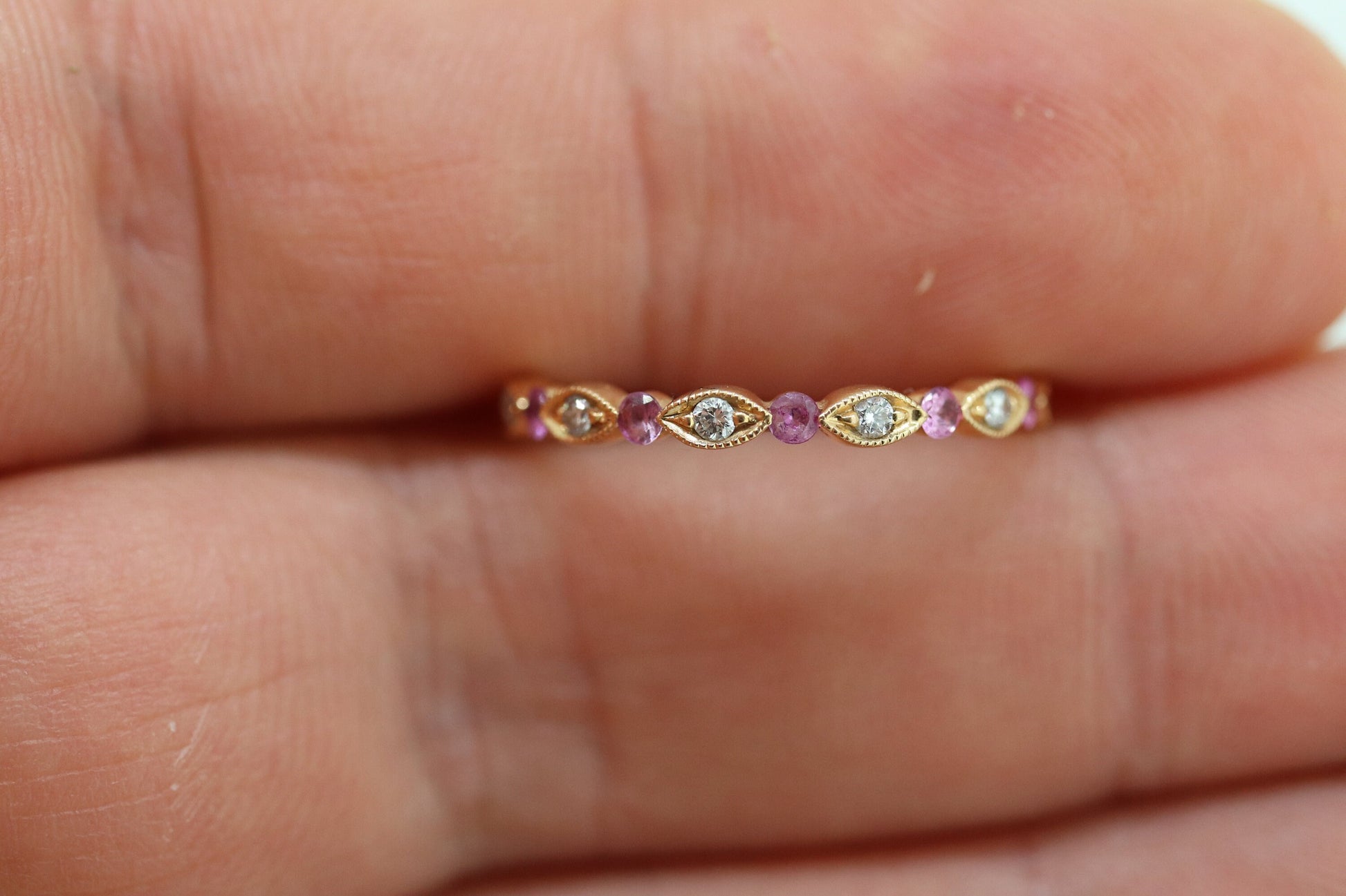 DAUSSI 18k Anniversary Ruby Diamond Ring. Henri Daussi 18k gold ring with round Ruby and diamond accents eternity band. st(253)