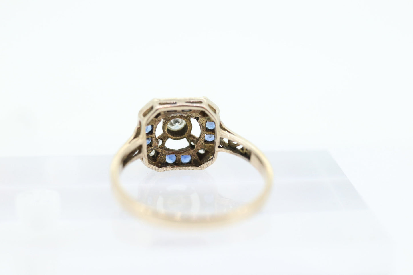 Antique ring. 10k diamond and sapphire shield ring. 10k White Gold Art Deco Square Target diamond shield ring. st(196)
