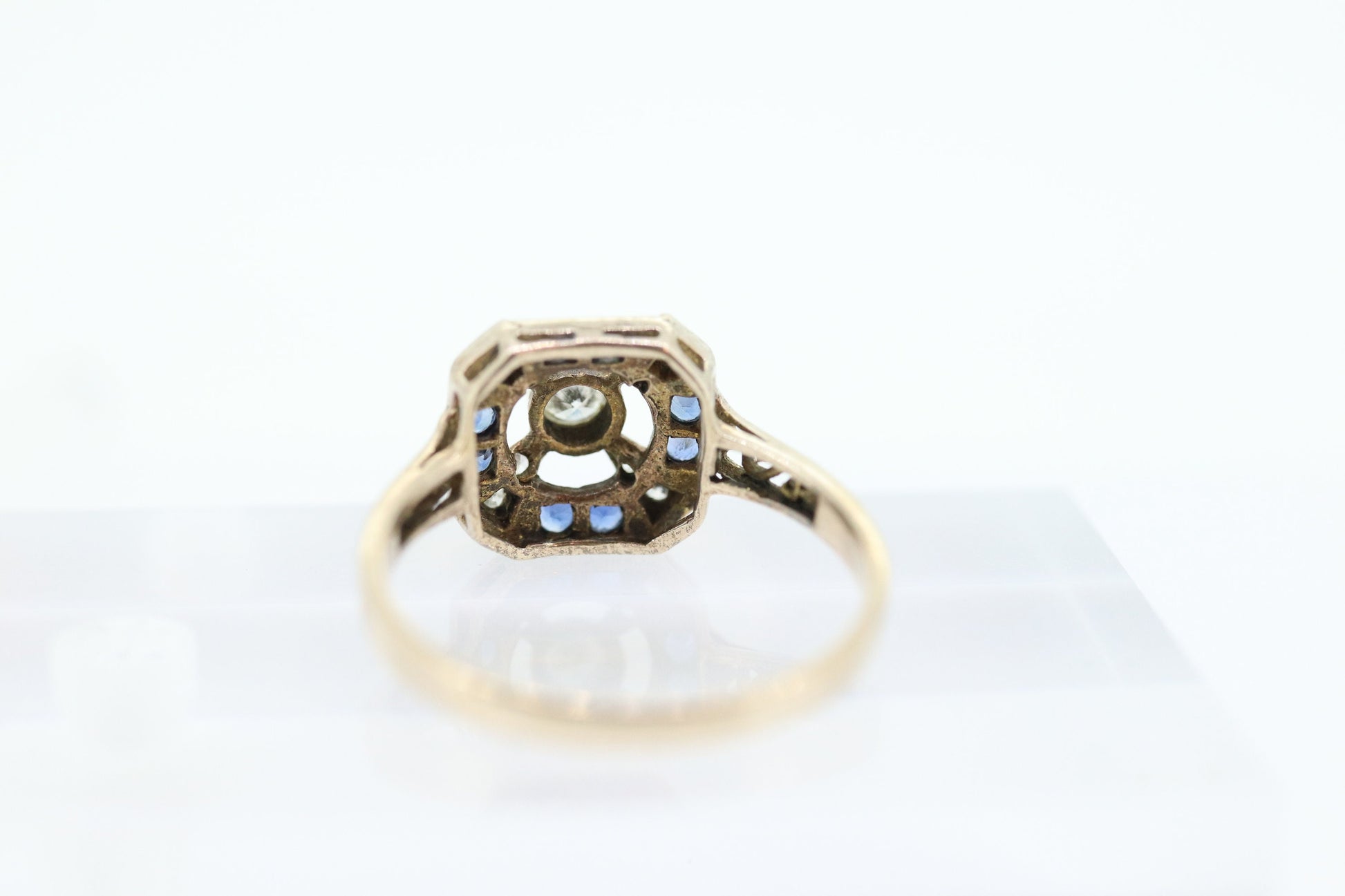 Antique ring. 10k diamond and sapphire shield ring. 10k White Gold Art Deco Square Target diamond shield ring. st(196)