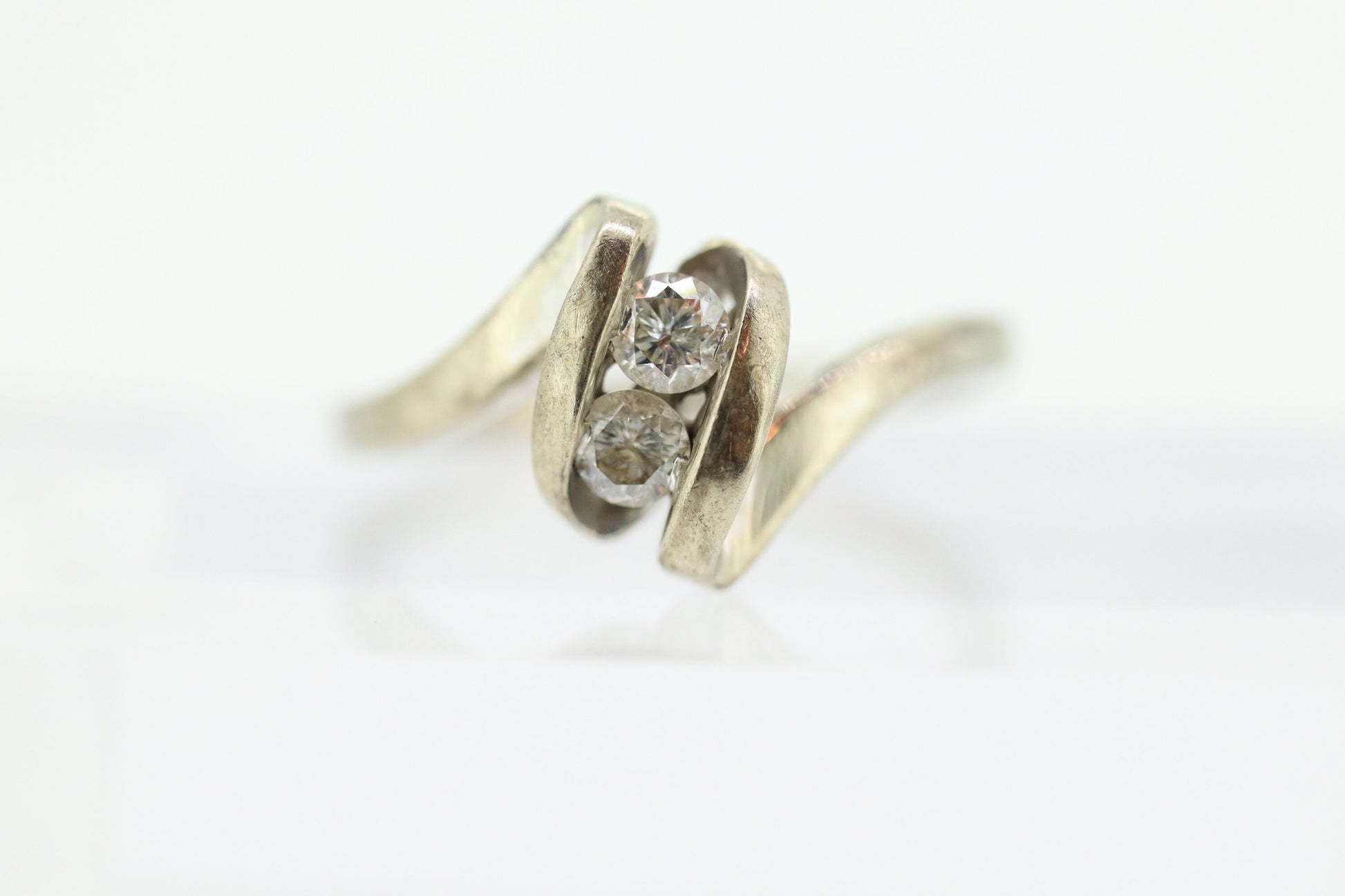 Diamond Tension Ring. 10k White Gold Diamond Bypass Double diamond Swirl Swivel bypass ring. st(85)