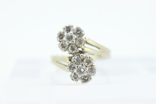 14k White Gold Bypass daisy Ring. Round Diamond Cluster Ring. Double Daisy Flower Diamond Ring. 1+ctw Diamond Flowers st(127)