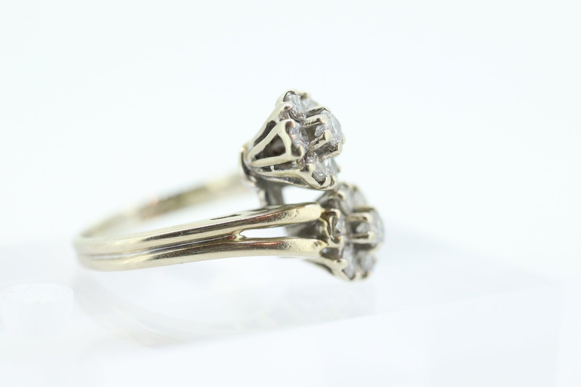 14k White Gold Bypass daisy Ring. Round Diamond Cluster Ring. Double Daisy Flower Diamond Ring. 1+ctw Diamond Flowers st(127)