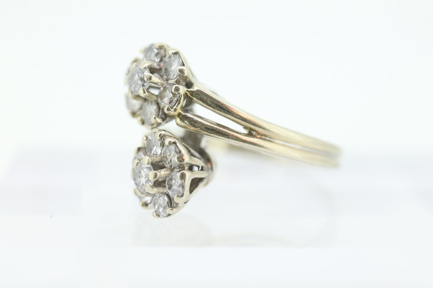14k White Gold Bypass daisy Ring. Round Diamond Cluster Ring. Double Daisy Flower Diamond Ring. 1+ctw Diamond Flowers st(127)
