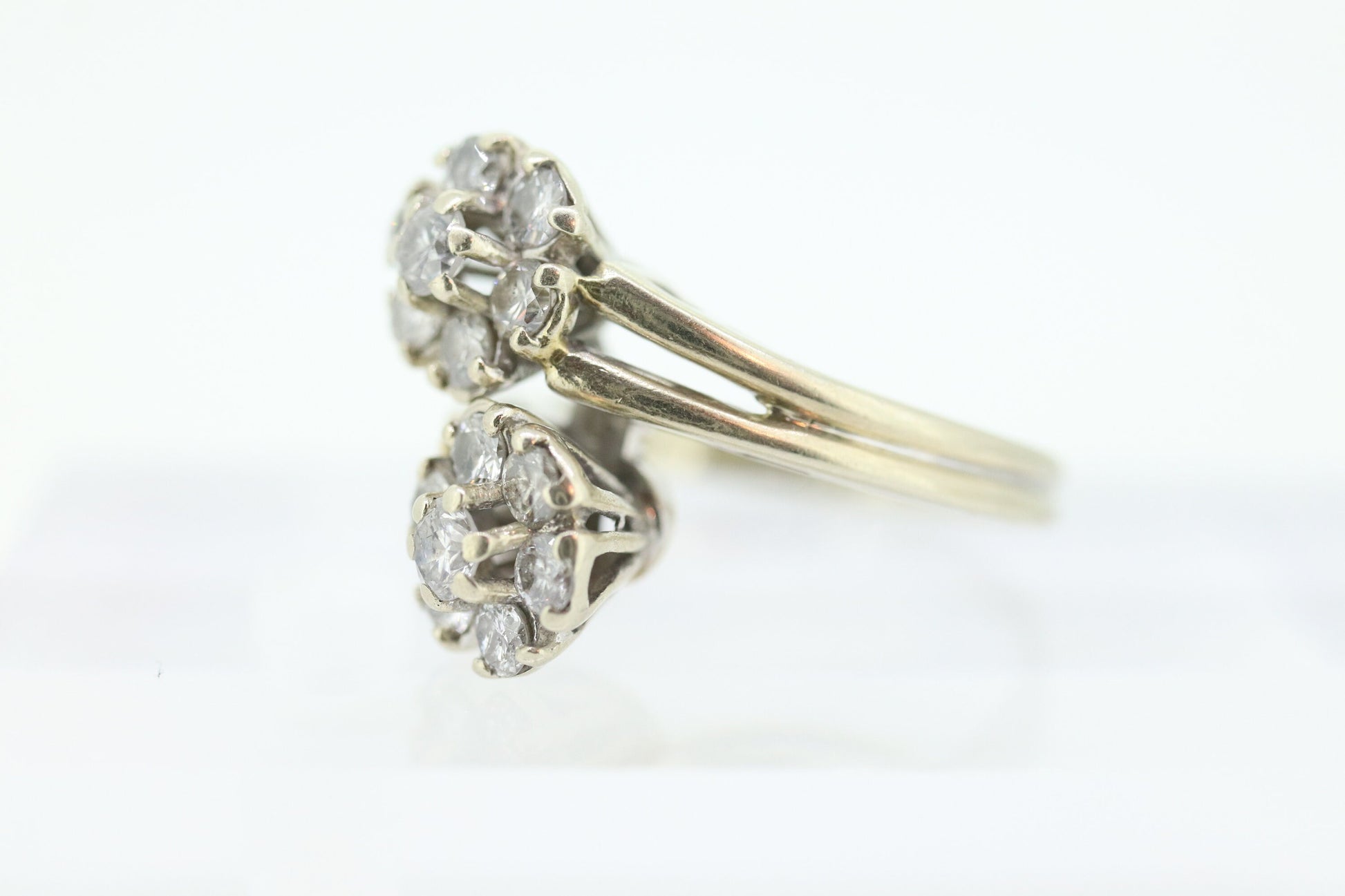 14k White Gold Bypass daisy Ring. Round Diamond Cluster Ring. Double Daisy Flower Diamond Ring. 1+ctw Diamond Flowers st(127)