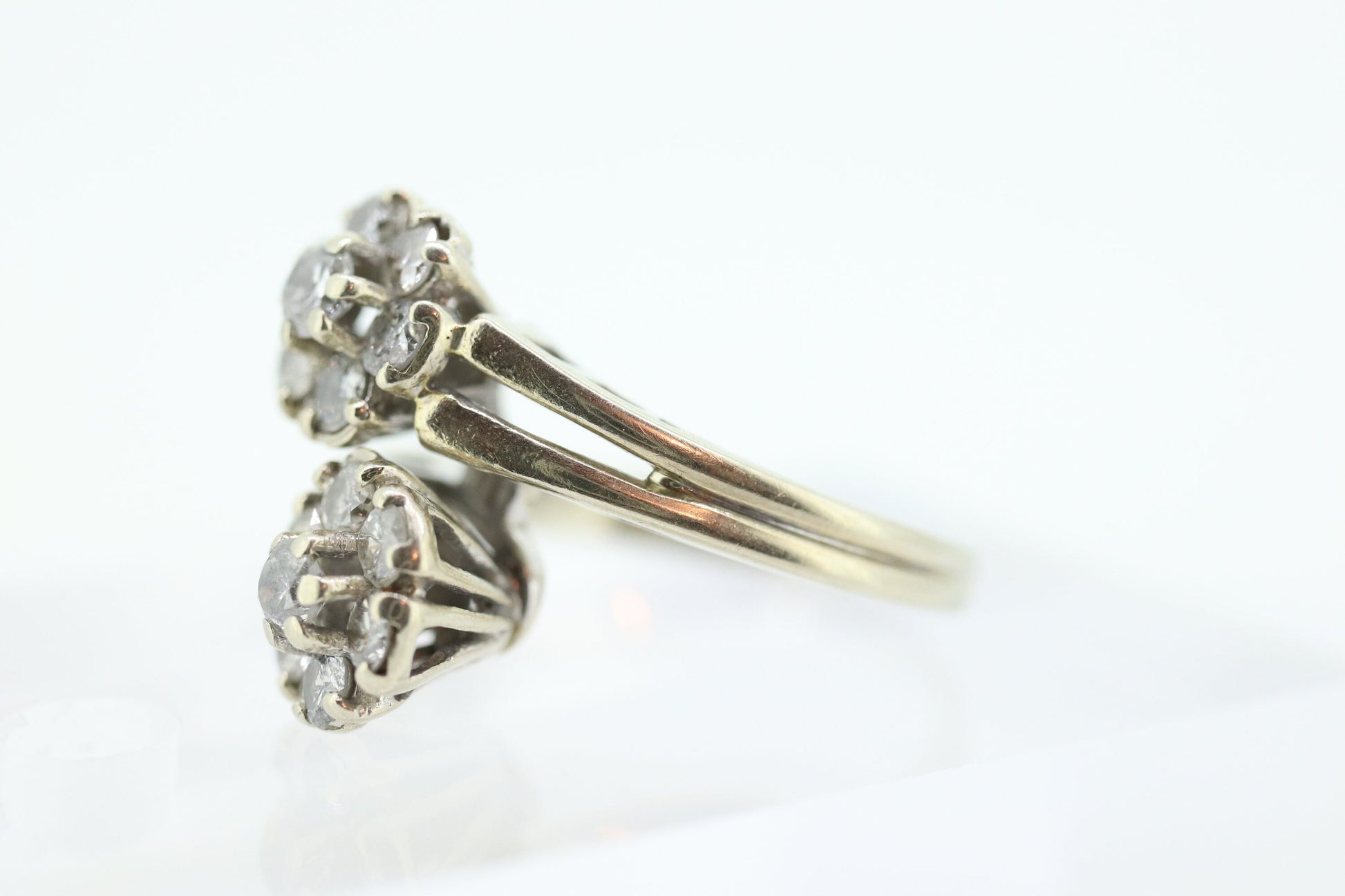 14k White Gold Bypass daisy Ring. Round Diamond Cluster Ring. Double Daisy Flower Diamond Ring. 1+ctw Diamond Flowers st(127)