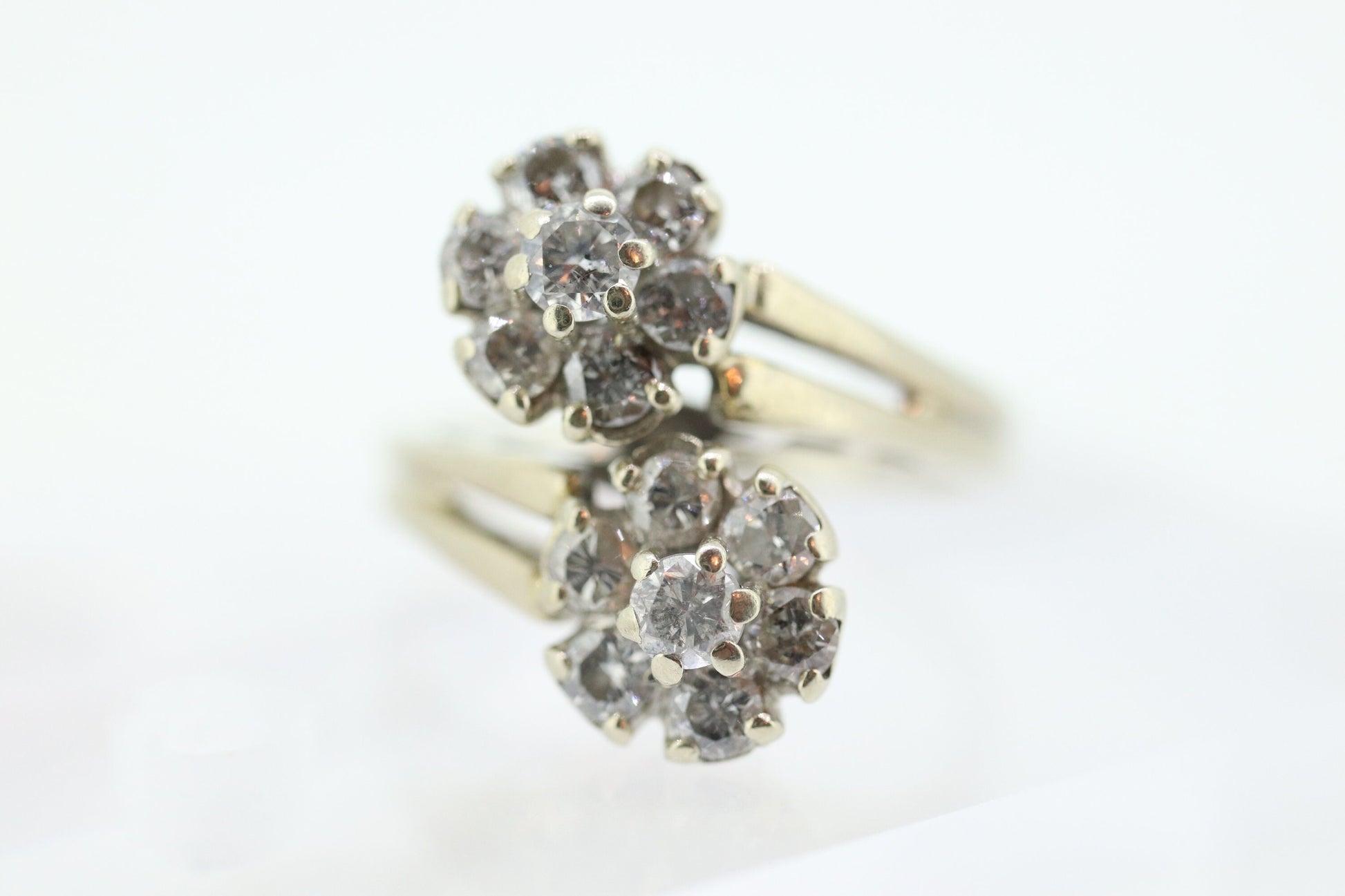 14k White Gold Bypass daisy Ring. Round Diamond Cluster Ring. Double Daisy Flower Diamond Ring. 1+ctw Diamond Flowers st(127)