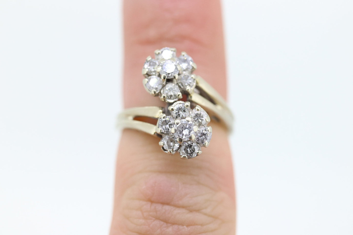 14k White Gold Bypass daisy Ring. Round Diamond Cluster Ring. Double Daisy Flower Diamond Ring. 1+ctw Diamond Flowers st(127)