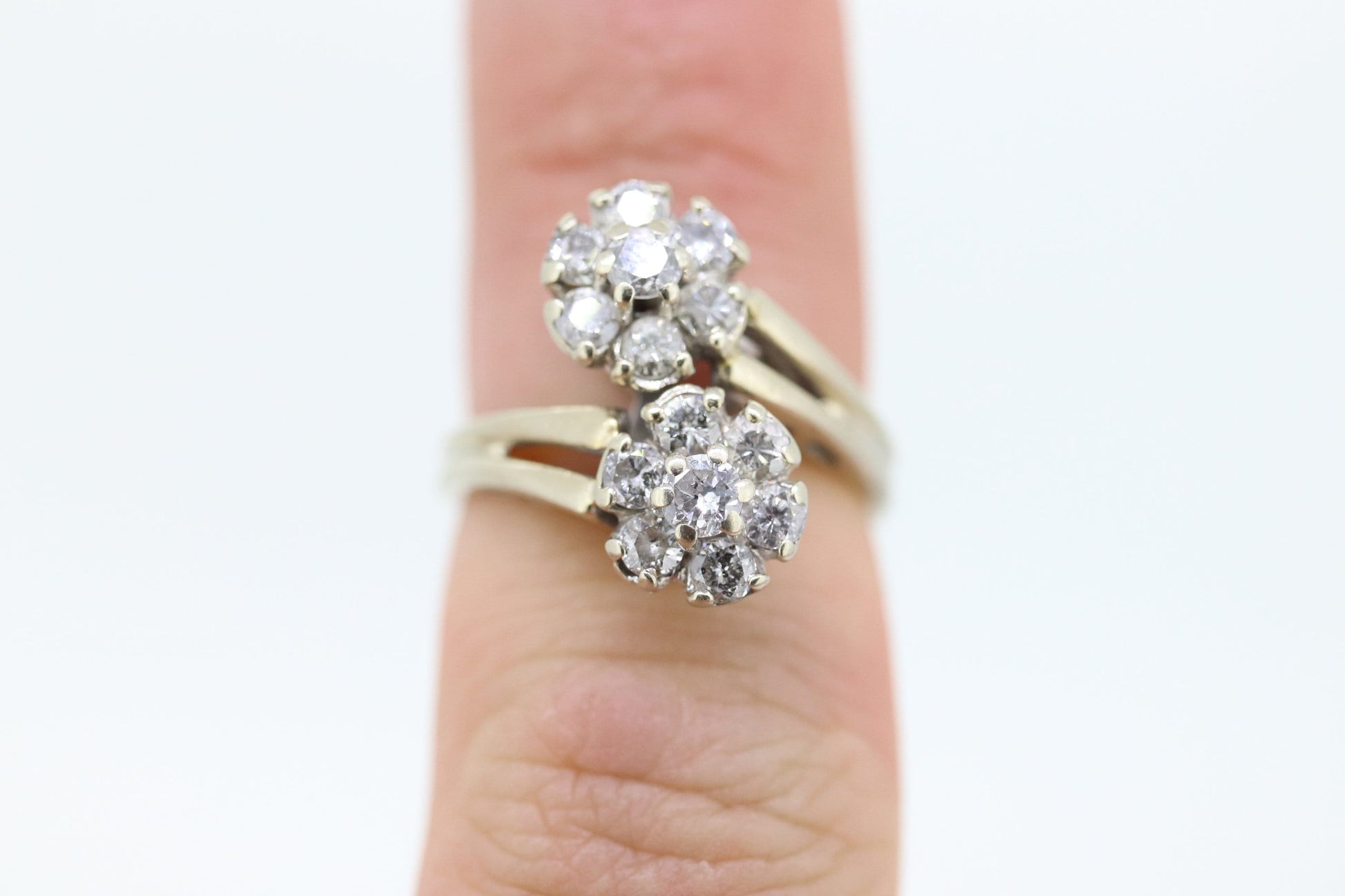 14k White Gold Bypass daisy Ring. Round Diamond Cluster Ring. Double Daisy Flower Diamond Ring. 1+ctw Diamond Flowers st(127)