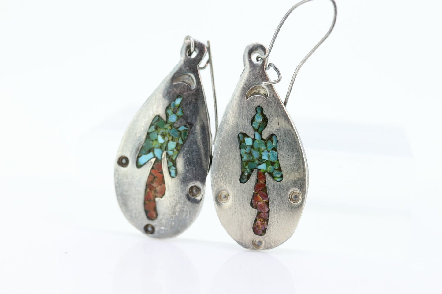 Navajo Zuni Phoenix Dangle Earrings. Turquoise Spiny Oyster Inlay and Sterling Silver Spoon dangle Earrings (st14)