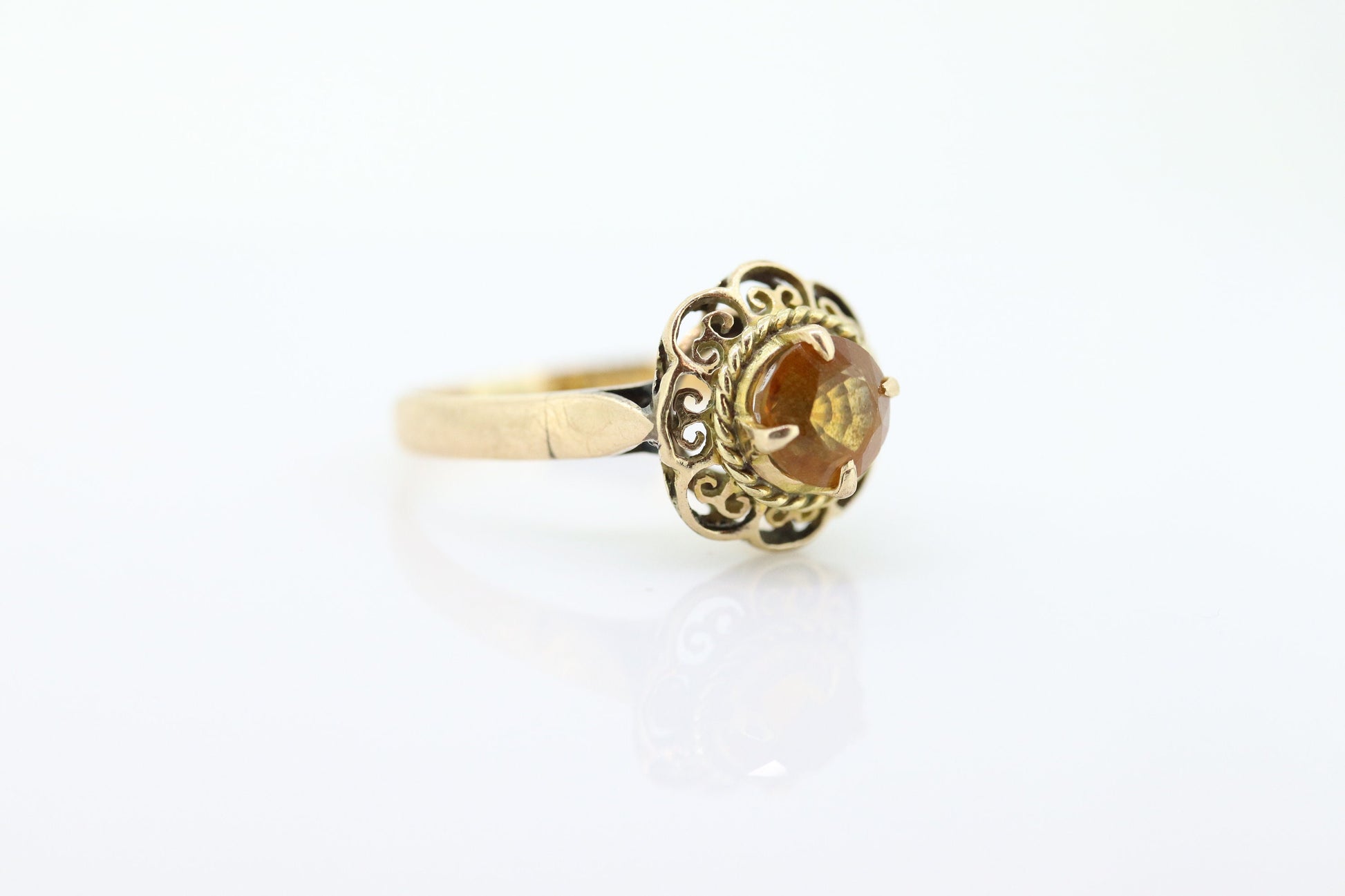 Antique Citrine Flower ring. Hand made 10k yellow gold flower Filigree ring