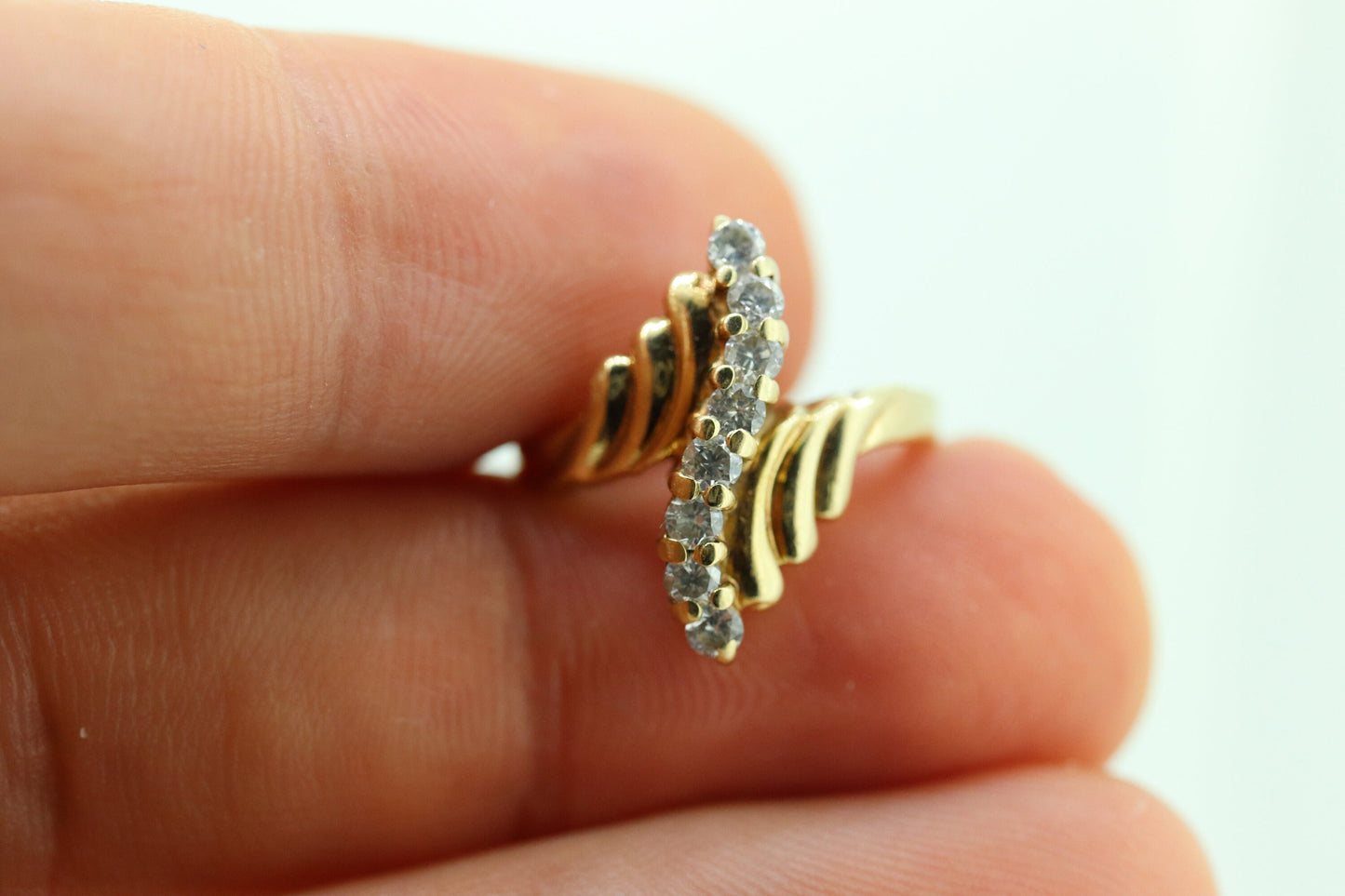 14K Diamond Bypass ring. Total 0.24ct Diamond Wave. Stacked. Toi et moi band. Yellow Gold ring. Pinky ring