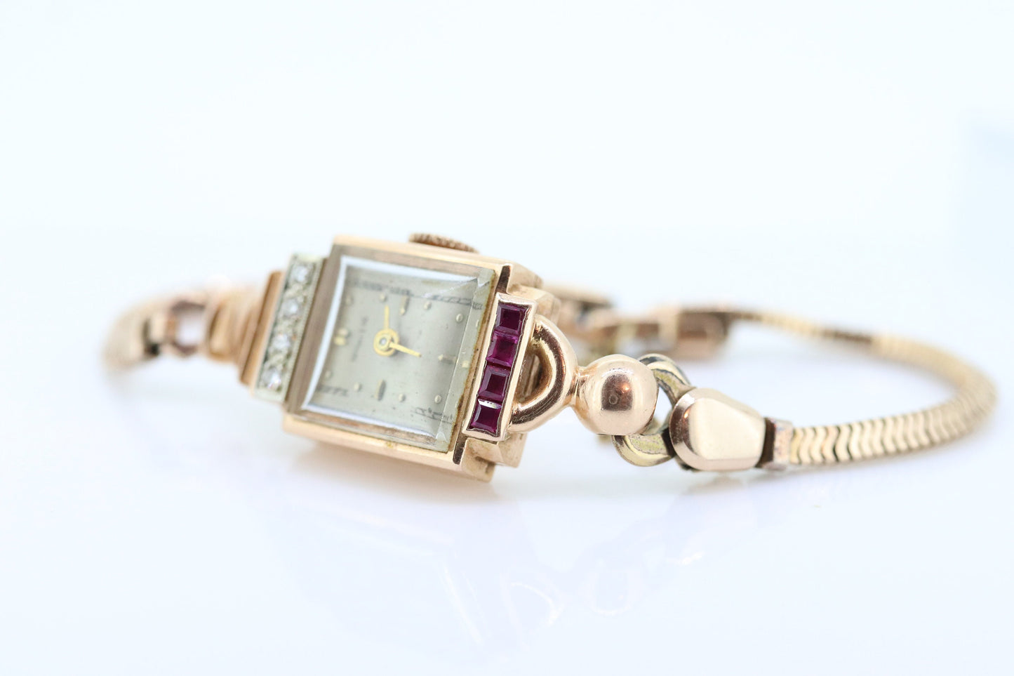 14k Tiffany & Co x Movado Womens Cocktail Watch. 14k Rose gold Manual Windup. 1950s Tiffany Movado Ruby Diamond Watch. st(360)