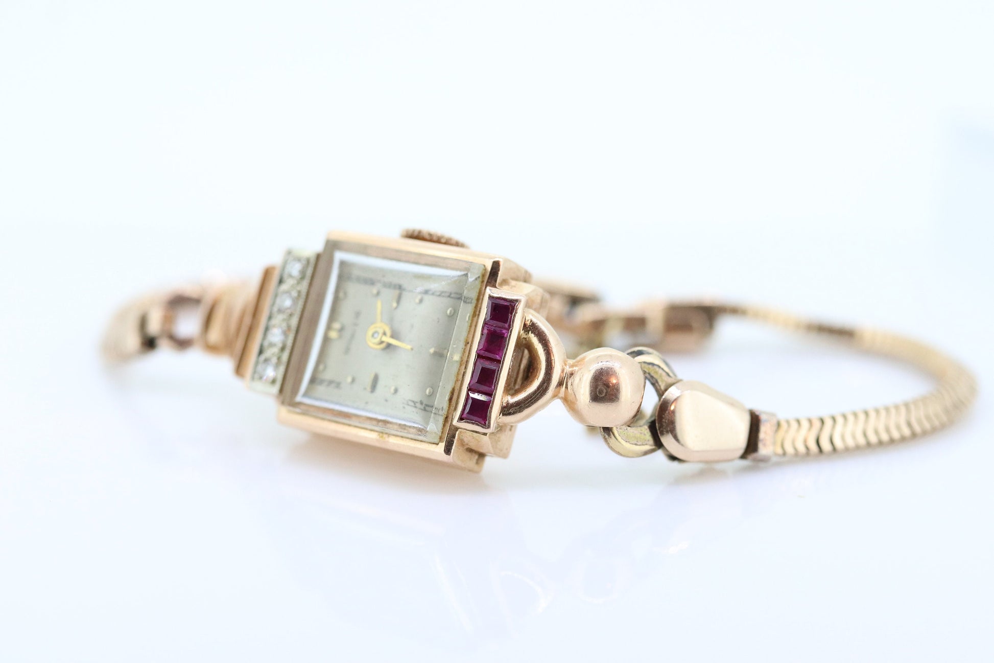 14k Tiffany & Co x Movado Womens Cocktail Watch. 14k Rose gold Manual Windup. 1950s Tiffany Movado Ruby Diamond Watch. st(360)