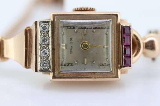 14k Tiffany & Co x Movado Womens Cocktail Watch. 14k Rose gold Manual Windup. 1950s Tiffany Movado Ruby Diamond Watch. st(360)