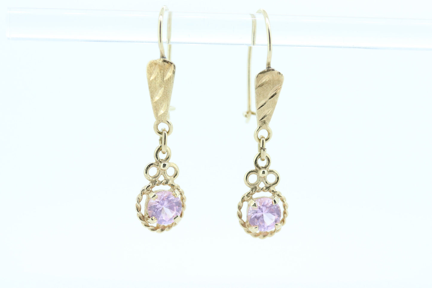 14k PINK Sapphire Dangle Earrings. PINK Sapphire Prong Earrings. st(110)