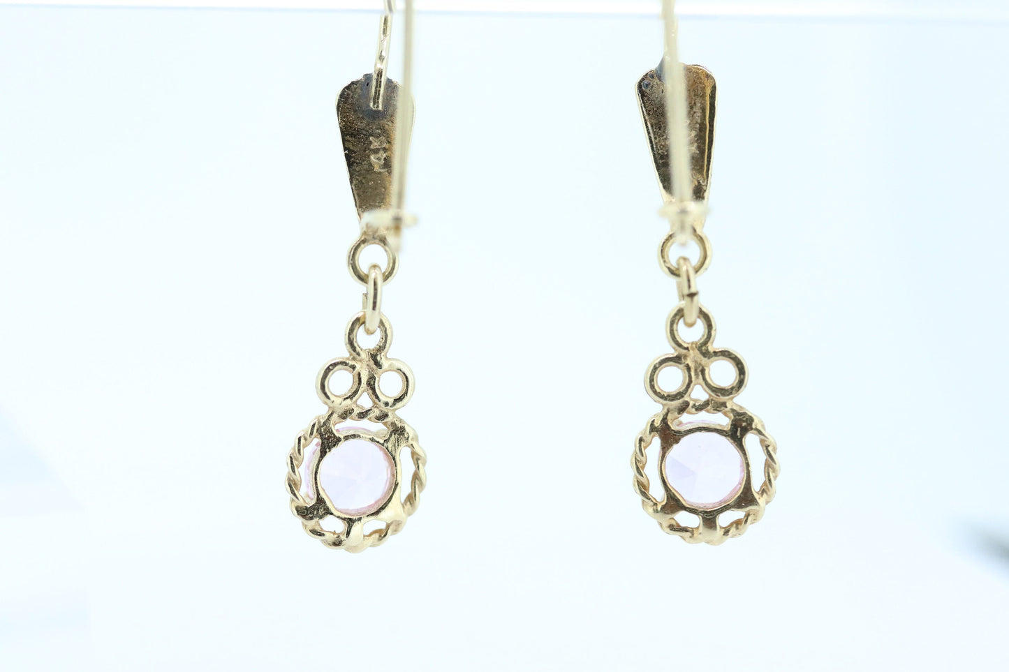 14k PINK Sapphire Dangle Earrings. PINK Sapphire Prong Earrings. st(110)