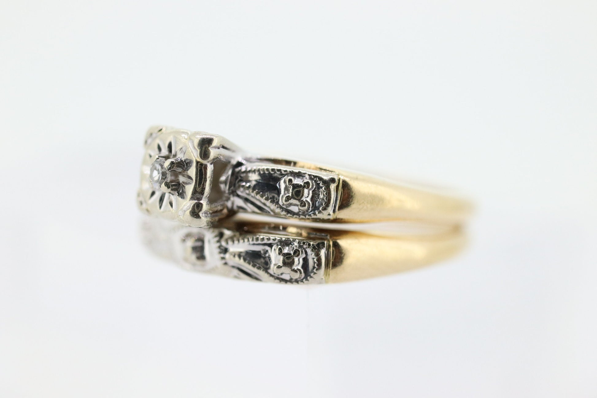 Art Deco Engagement Wedding Diamond Ring Set. Vintage 1930s or 1940s Wedding Ring Set. 14k Multi-Tone with a  Diamond. st(165)