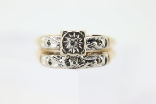 Art Deco Engagement Wedding Diamond Ring Set. Vintage 1930s or 1940s Wedding Ring Set. 14k Multi-Tone with a  Diamond. st(165)