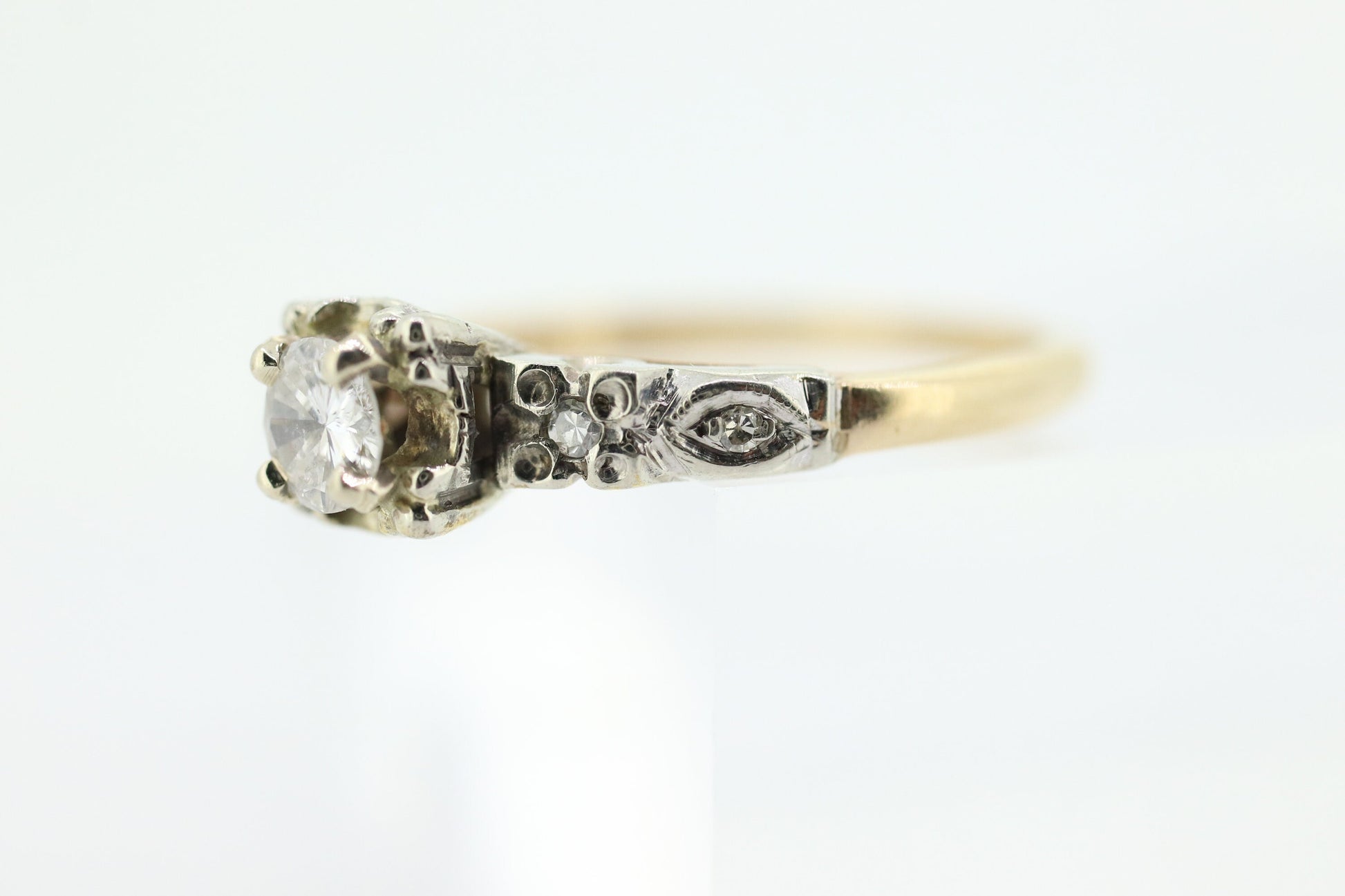 Art Deco Diamond Solitaire filigree Ring. 14k Gold Old European Cut diamond  square Ring  st(207)