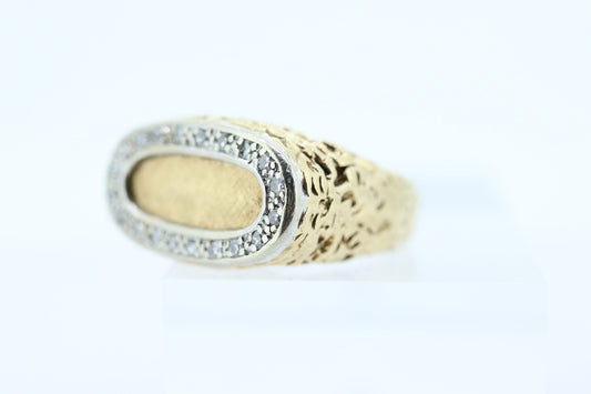 14k Diamond Flat signet  ring.  Diamond outline set into Signet travertine band. Nugget Shank cocktail ring st(460/11)