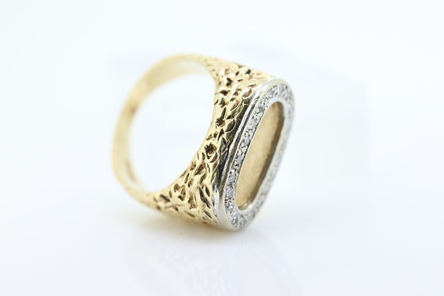 14k Diamond Flat signet ring. Diamond outline set into Signet travertine band. Nugget Shank cocktail ring st(460/11)