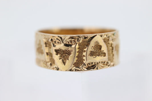 14k Wide Cigar band. S.Bros. Stanley Bros Brothers Antique Embossed Engraved Grape Leaf Shield design. 8.5mm sz9.5 st(218/50)