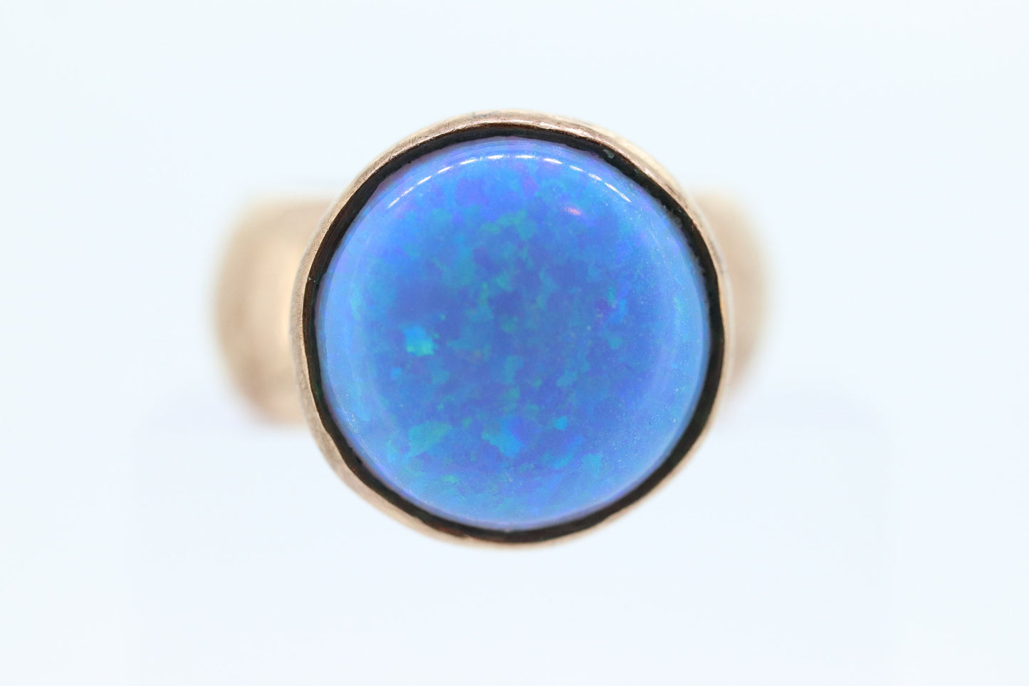 10k Large OPAL ring. 10k Rose Gold cabochon opal bezel set. Round Opal cabochon. st(109/11)