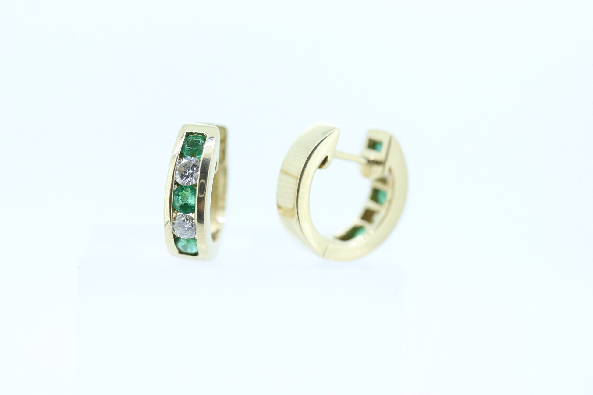 14k EMERALD and Diamond Hoop Earrings. 14k Emerald Diamond Channel Huggie Hinged Earrings st(115)