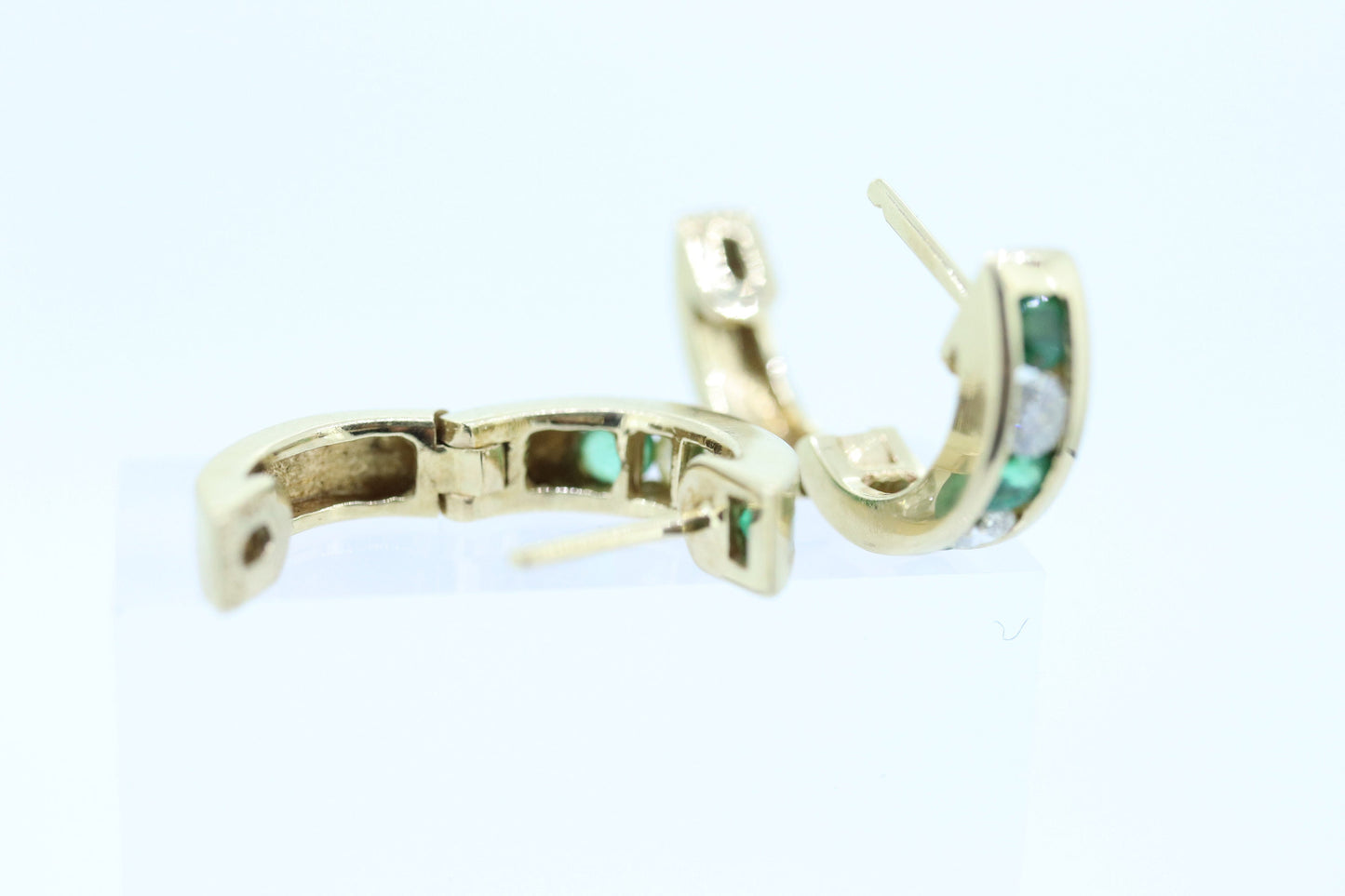 14k EMERALD and Diamond Hoop Earrings. 14k Emerald Diamond Channel Huggie Hinged Earrings st(115)