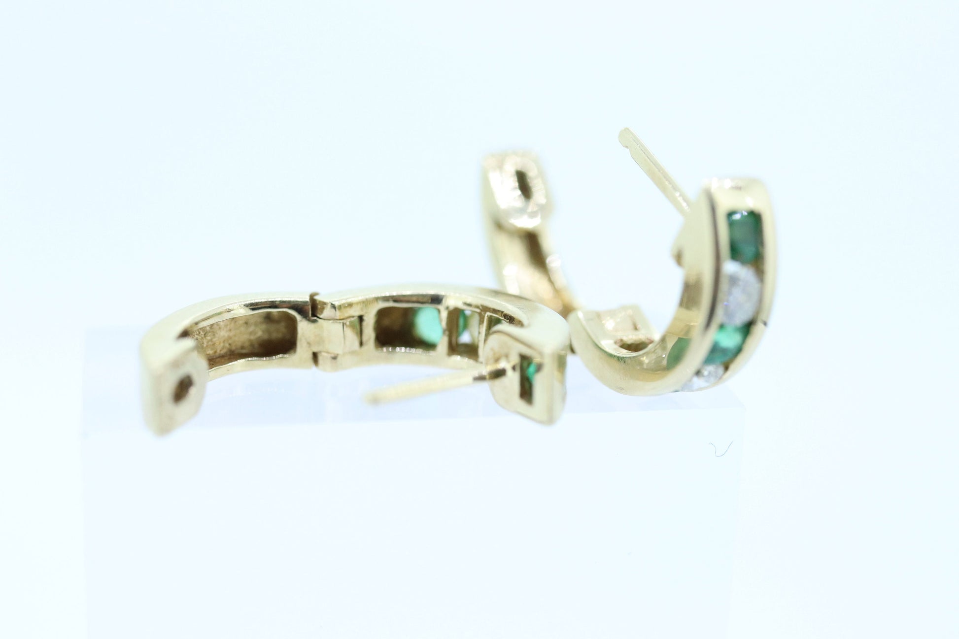 14k EMERALD and Diamond Hoop Earrings. 14k Emerald Diamond Channel Huggie Hinged Earrings st(115)