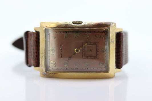 14k MOVADO Rectangle Manual Watch. Antique Mens Movado Vintage Tank Wrist Watch with a second hand. st(414)