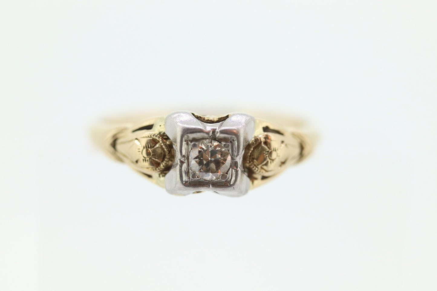 14k Art Deco Diamond ring. 14k White Yellow Gold Square cathedral Ring. Engraved Flower Blossom ring. st(84)
