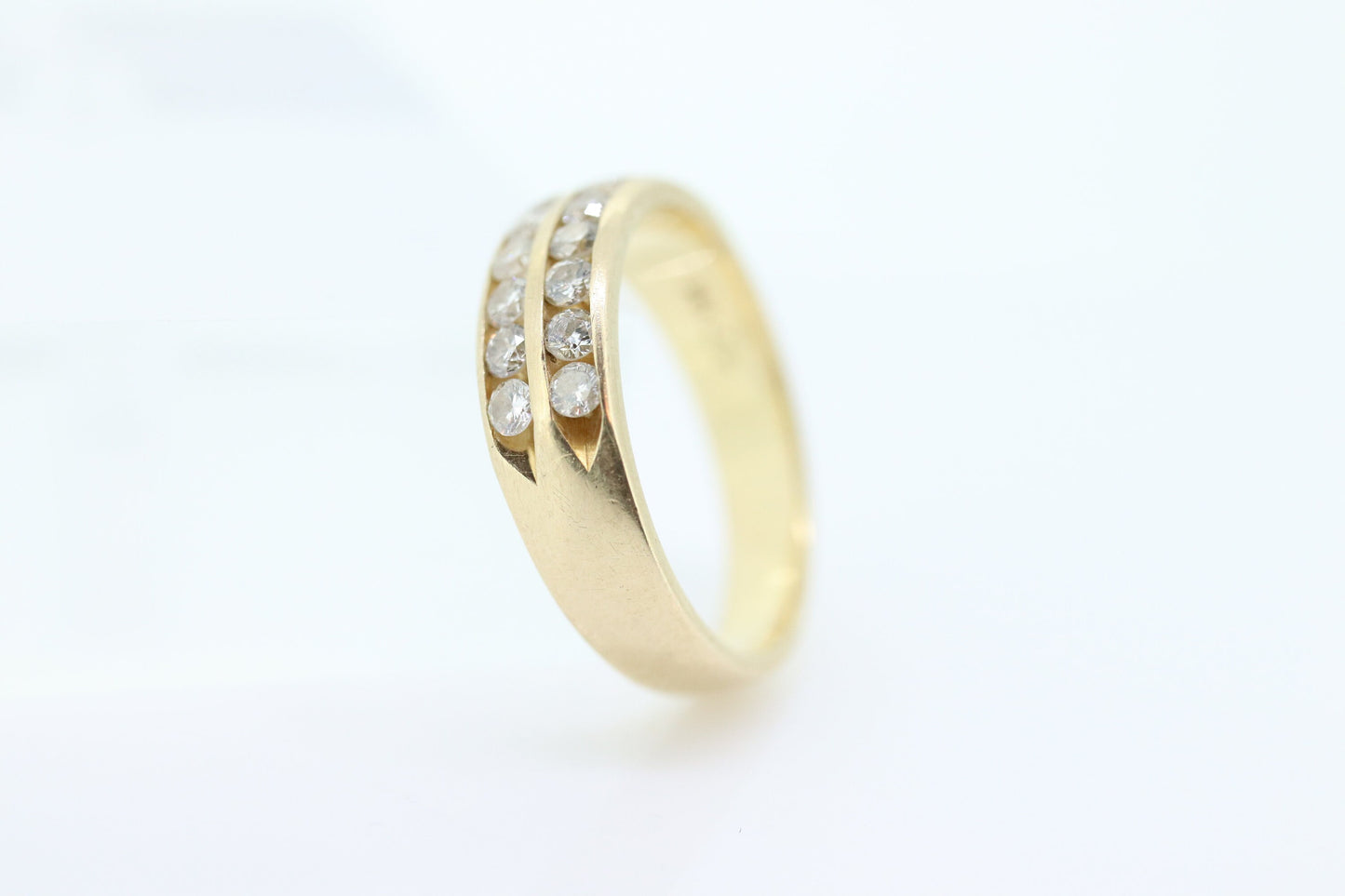 14k Double Row Diamond Wedding Band. Two row diamond channel ring eternity infinity wide band. Comfort fit. st(119)