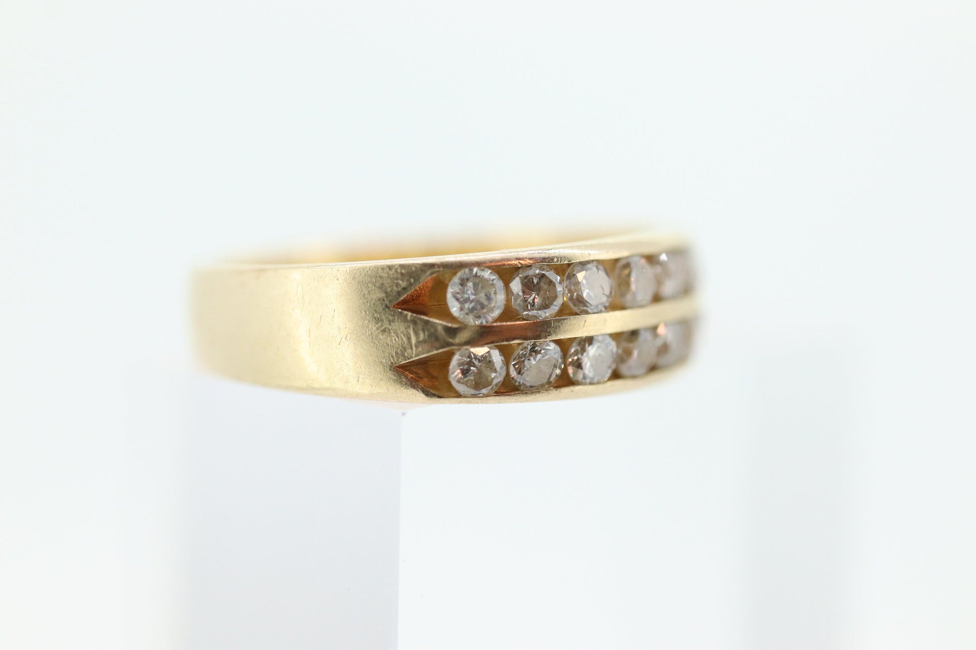 14k Double Row Diamond Wedding Band. Two row diamond channel ring eternity infinity wide band. Comfort fit. st(119)