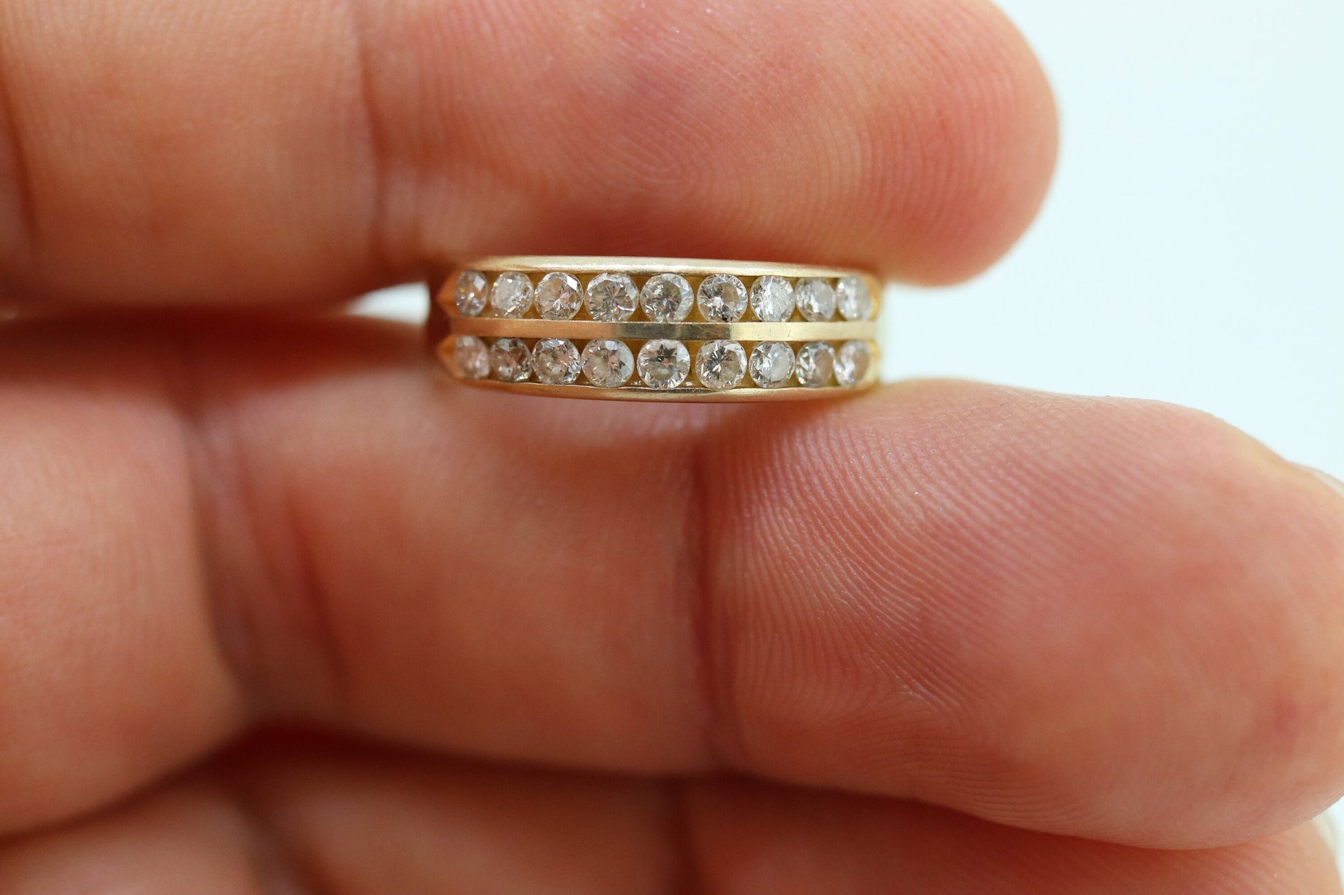 14k Double Row Diamond Wedding Band. Two row diamond channel ring eternity infinity wide band. Comfort fit. st(119)